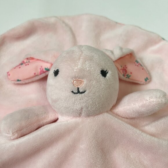 Modern Baby Pink Bunny Rabbit w/Flowers Lovey Security Round Blanket w/Teether - Picture 2 of 8